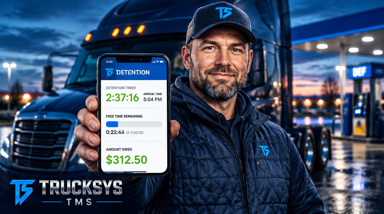 A driver at a truck stop holding up the Trucksys detention screen showing the running timer, arrival time and free time remaining