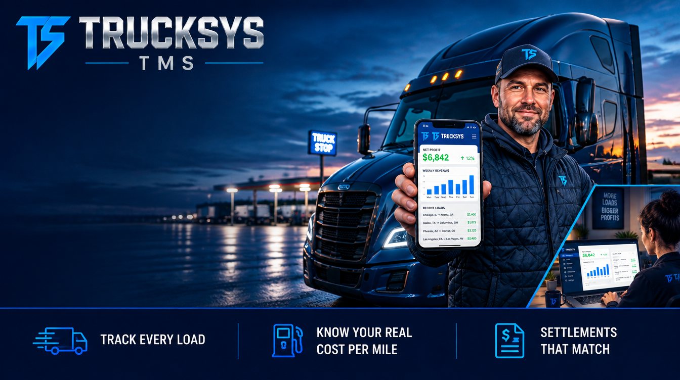An owner-operator at a truck stop at dusk with the Trucksys week open on his phone