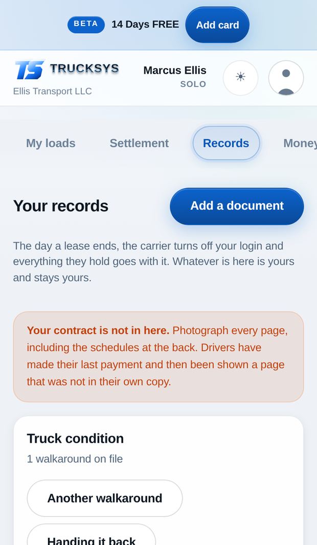 The records screen with the contract prompt and the truck condition walkaround